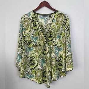 BLUE DIAMOND Plus Faux Wrap Babydoll Blouse Size 16 Green Brown Paisley Tie